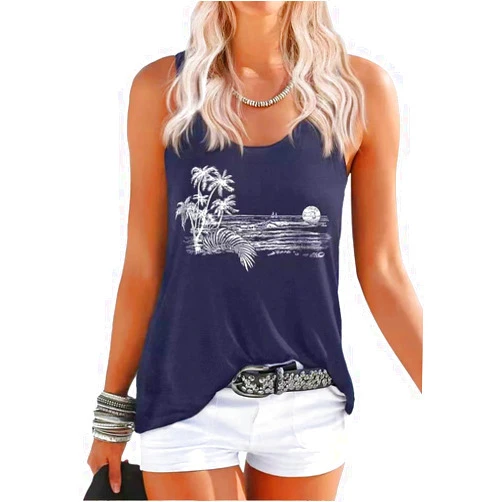 Beopjesk Women's Gradient Coconut Tree Tank Tops Summer Sleeveless V-Neck Button Down Henley Shirt