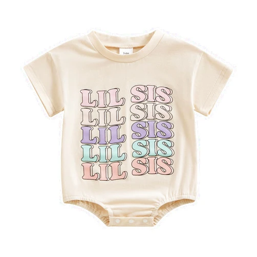 MERSARIPHY Daddys Girls Baby Girl Summer Clothes Newborn Infant Bubble Romper Letter Oversized One Piece Bodysuit Outfits (Beige lil sis, 0-3 Months)