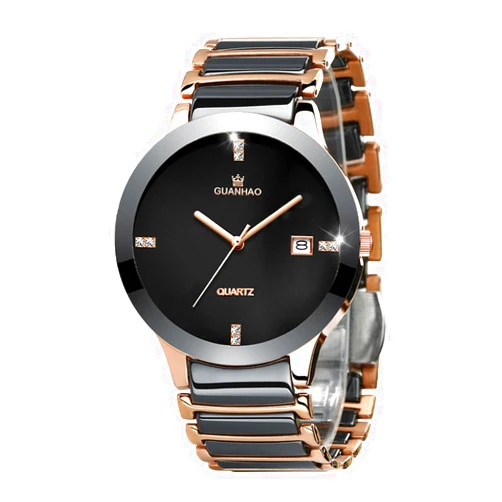 GUANHAO Casual Men's Watches, Black Ceramic Bracelet Watch with Diamond Dial, Black + Rose Gold Band with Waterproof Calendar Wristwatches for Men Quartz Movement
