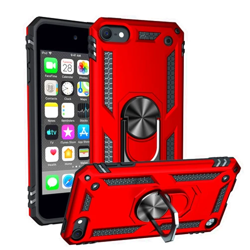 ESTSOL Heavy Duty Case Compatible with iPod Touch 7, Hybrid Rugged Shockproof Cover with Built-in 360° Ring Holder Kickstand for iPod Touch 7th/6th/5th Gen, Red