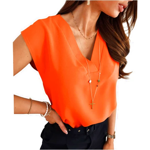 Lynwitkui Women's V Neck Chiffon Blouses Cap Sleeve Shirts Casual Loose Work Office Solid Tops