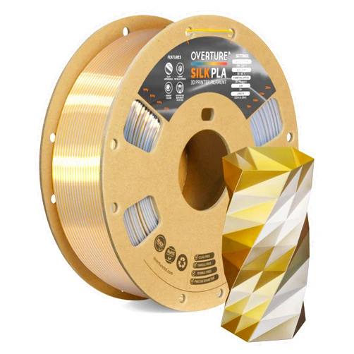 OVERTURE Silk PLA 1.75mm Dual Color Filament, Clog-Free Shiny 3D Printer Filament, 1kg Spool(2.2lbs), Dimensional Accuracy +/- 0.02 mm, Fit Most FDM Printer(Silk Gold-Silver)