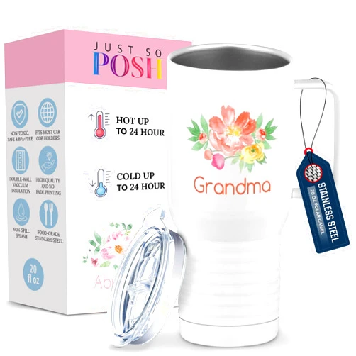 Just So Posh Gift for Grandma Flowers Tumbler, Travel Coffee Mug with Handle and Slider Lid, White 20 oz Polar Camel, Stainless Steel, Vacuum Insulated