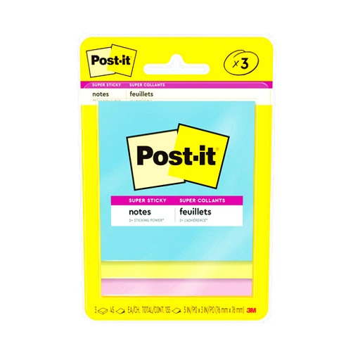 Post-it Super Sticky Notes, 3x3 in, 3 Pads, 2X The Sticking Power, Supernova Neons, Bright Colors, Recyclable (3321-SSMIA), (Pack of 48)