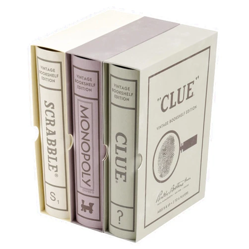 WS Game Company Scrabble, Monopoly, and Clue Vintage Board Game Bookshelf Collection