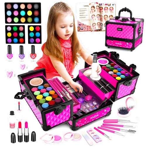 Hollyhi 59 Pcs Kids Makeup Kit for Girl, Washable Play Makeup Toys Set for Dress Up, Pretend Beauty Vanity Set with Cosmetic Case Birthday Toys for Girls 3 4 5 6 7 8 9 10 11 12 Year Old Kids Toddlers