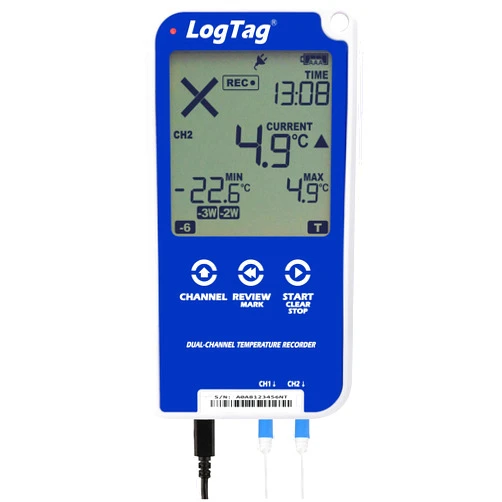 LogTag UTRED30-16 Dual Channel Kit Includes: Data Logger, 2-ST100K-15 Ext Probes, 2-Buffer Bottles, Wall Mount Bracket & NIST Traceable Calibration Certificate, Blue/White