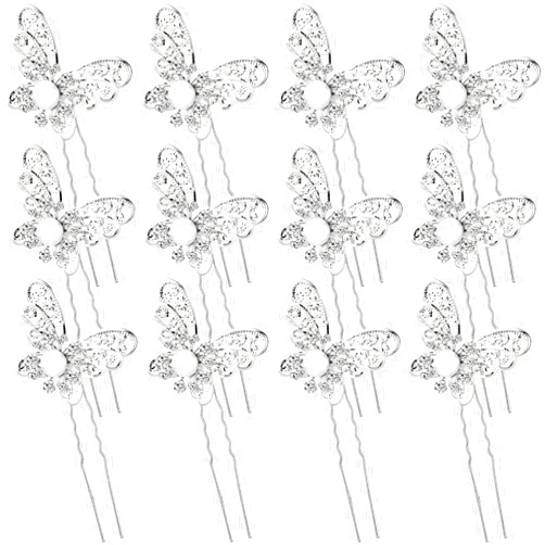 Waydress 12 Pieces Butterfly Hair Pin Butterfly Hair Clips Crystal Pearl Hair Clips Bridal Wedding Hair Pins Bride Headwear Hair Accessories for Women(Charming Style)