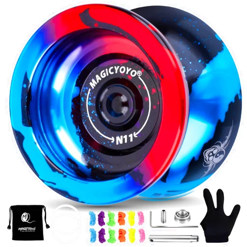 MAGICYOYO Dual Purpose Yoyo N11 Responsive Yo-yo for Kids 8-12 or Above, Professional Advanced Unresponsive Yo Yo with Unresponsive Bearing Kit + Glove+ Bag +12 Strings (Black Blue Red)