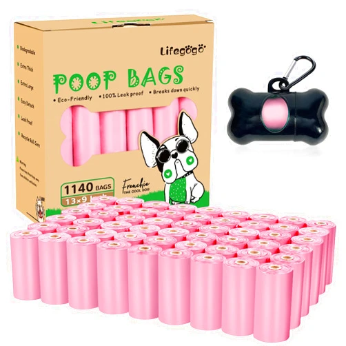 Lifegogo 1140 Counts 57 Rolls Unscented Doggy Poop Bags, Leak-Proof, Easy Tear-Off, Pink (13 x 9 Inches)