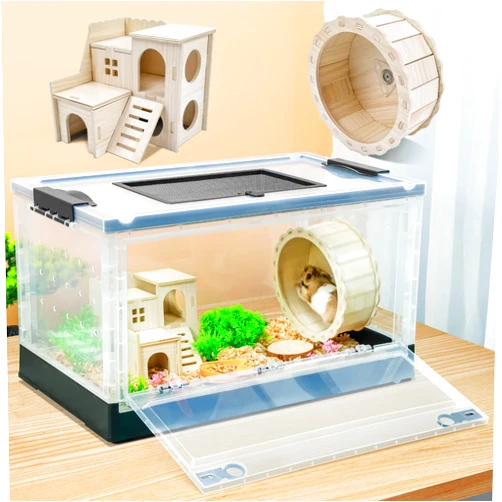 Wedoelsim Portable and Foldable Hamster Cages with Wheels, Castle Habitat, and Exercise Wheel, Easy to Move and Store Suitable for Guinea Pigs, Rat and Other Small Animals (Black, Large)