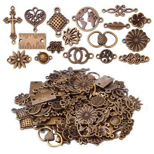 BronaGrand Connectors Charms,100g Craft Supplies Antique Bronze Flower Leaf Heart Cross Ruler Charm Beads Connectors Bracelet Charm Connectors for Dangle Earrings Necklace Jewelry Making