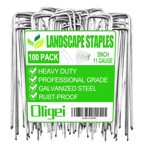 Oligei 100 Pack Garden Stakes, U-Shaped Tent Stakes, Galvanized Landscape Staples, Ground Stakes, for Landscaping Securing Weed Barrier Fabric, Irrigation Tubing, Holding Fence, Tarpaulin