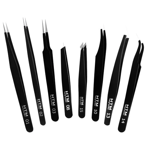 HengTianMei 8Pcs lash tweezers 3 Stainless Straight and 3 Curved Tip Eyelash Tweezers, With 2 Slant Pointed Precision Eyebrows Tweezers for eyelash extensions, Facial Hair, and Ingrown Hair Removal