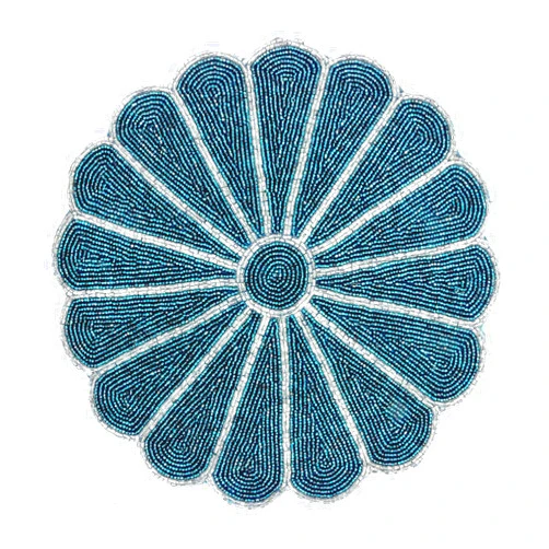 Alpha Living Home Farmhouse Beaded Placemats for Dining Table - Pack of 1 Measure 13 inches Beaded Placemats Round for Gathering, Occasional and Family Parties Celebrations in Silver/Teal Colour