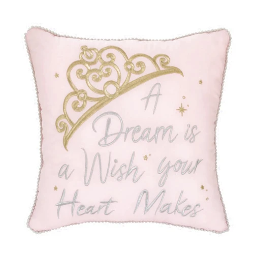 NoJo Disney Princess Enchanting Dreams Pink and Gold Embroidered Crown Decorative Throw Pillow with White Pom Pom Trim
