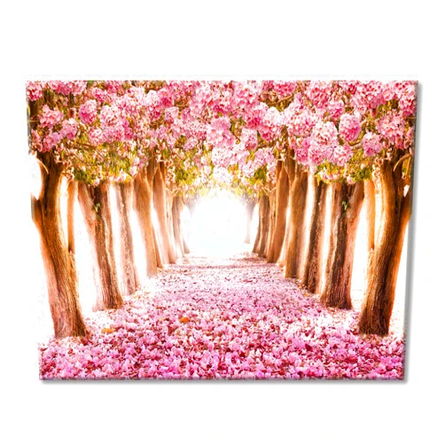 UTOP-art Pink Flower Picture Wall Art: Forest Tree Path Artwork Landscape Painting on Wrapped Canvas for Living Room(12''x16'')