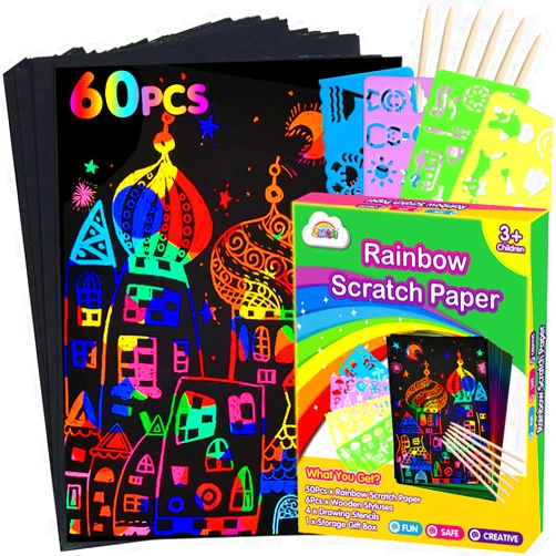 ZMLM Scratch Paper Art Set: 60Pcs Magic Drawing Art Craft Kid Black Scratch Off Paper Supply Kit Toddler Preschool Learning Bulk Toy for Age 3 4 5 6 7 8 9 10 Girl Boy Christmas Birthday Party Gift