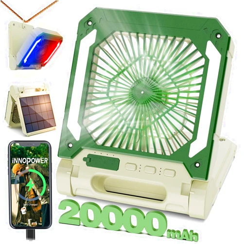 Innopower Battery Powered Fan 20000mAh Rechargeable Solar Portable Fan with Led Lantern, 3 Speeds Cordless Camping Fan with PowerBank,Timer, Hangable & Quiet Desk Fan for Tent Hurricane(Beige)