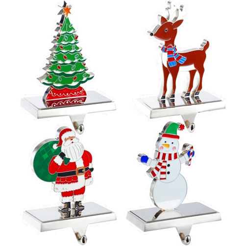Houdezhu Set of 4 Christmas Stocking Holder for Mantel-Christmas Stocking Hanger for Mantel-Metal Deer Tree Santa Snowman Christmas Stocking Holder for Fireplace Mantle-Heavy Stocking Hooks(2023 New Set)
