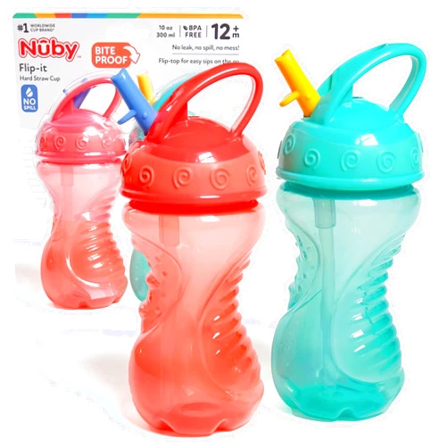 Nuby 2-Pack Flip-It Easy Grip Cups with Easy-Flo Straw, 10 Ounce, Colors May Vary