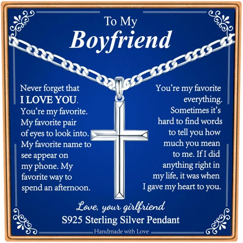 Ieftop Cross Necklace for Men Gifts, 925 Sterling Silver Cross Pendant Figaro Chain Birthday Anniversary Baptism Gifts for Son Grandson Dad Boyfriend Husband Gifts from Daughter Wife