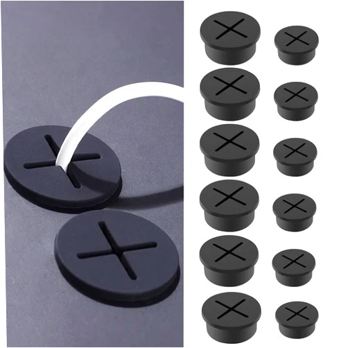 GIYOMI 12PCS Black Cable Cord Grommet, 6PCS 1 Inch +6PCS 3/4 Inch Flexible Silicone Cable Hole Cover, 2 Size Wire Organizer for Office Home Computer Desk, Cable Pass Through
