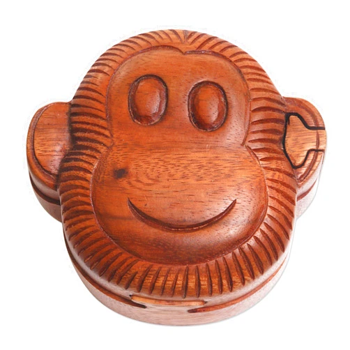 NOVICA Artisan Handmade Wood Puzzle Box Monkey Face from Indonesia Brown Decor Accessories Decorative Boxes Animal Themed [2.4in H x 3.9in W x 3.5in D] ' Happy Monkey'
