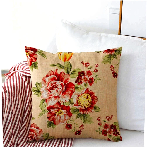 Staronov Decorative Throw Pillow Cover Floral Vintage Rose Pattern Red Anemone Flower Nature Abstract Blossom Bouquet Calming Chic Linen Pillowcase Square Size 16