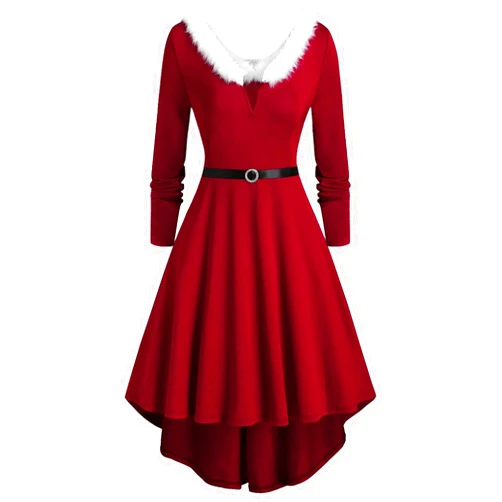 Generic Plus Size Christmas Dresses for Women Short Length Sleeve Dress Skirt Pleated Prom Hepburn Dresses with Belt
