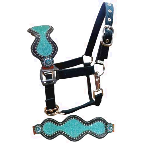 Showman Pony Size Leather Bronc Halter w/Teal Glitter Inlay & Crystal Rhinestone Conchos