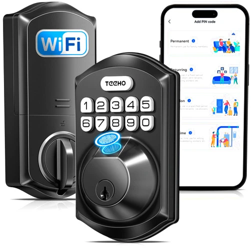 TEEHO TE012W WiFi Smart Lock, Fingerprint Door Lock with Built-in Wi-Fi, Keyless Entry Keypad Smart Deadbolt, App Remote Control, Alexa Compatible, IP55 Waterproof for Front Door – Matte Black