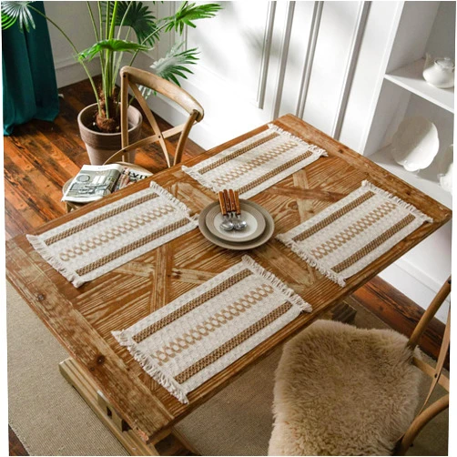 Softkomfyy Placemats Set of 4, Boho Braided Rustic Linen Table Mats for Home Decor, Place Mats for Party Kitchen Dining Table,Washable Easy to Clean（Bohemia Three Stripe,12