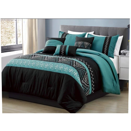 WPM WORLD PRODUCTS MART 7 Piece Western Southwestern Native American Design Comforter Set Teal Green White Multicolor Embroidered King Size Bed in a Bag Navajo Print Bedding Set (22307, King)
