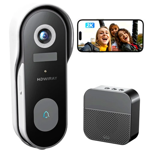 HOWIRAY Wireless Doorbell Camera with Chime, HOWIRAY 2K FHD Video Doorbell Camera Wireless Smart WiFi Doorbell with PIR Motion Detection, 2-Way Audio,Voice Message,Anti-Theft Alarm,IP65 Waterproof,2.4Ghz Only