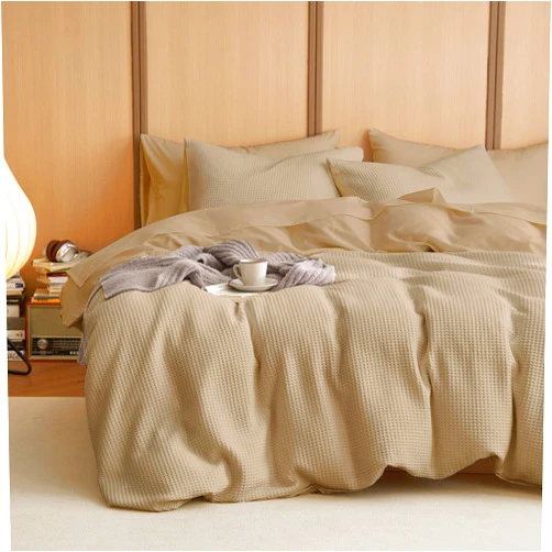 Wake In Cloud - Waffle Cotton Comforter Set, 100% Cotton Fabric Bedding, Waffle Weave Knit Textured Neutral Farmhouse Soft Lightweight, 3 Pieces, Tan, Queen Size