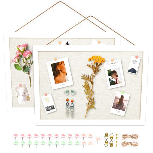 AKTOP 2-Pack Cork Board Bulletin Board 16x11 inch, Small Framed Corkboard with Linen for Wall, Hanging Pin Board Picture Board for Home Office Decor, Cute Vision Board with 25 Pushpins (Vintage White)