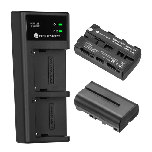 FirstPower NP-F550 Battery 2-Pack and USB Dual Slot Charger Compatible with Sony NP F570, F550, F530, F970, F960, F770, F750, F330, CCD-SC55, TR516, TR716, TR818, TR910, TR917