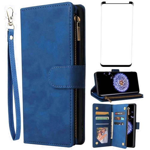 Asuwish Compatible with Samsung Galaxy S9 Plus Wallet Case Tempered Glass Screen Protector and Flip Cover Card Holder Cell Accessories Phone Cases for Glaxay S9+ 9S 9+ S 9 9plus S9plus Women Men Blue