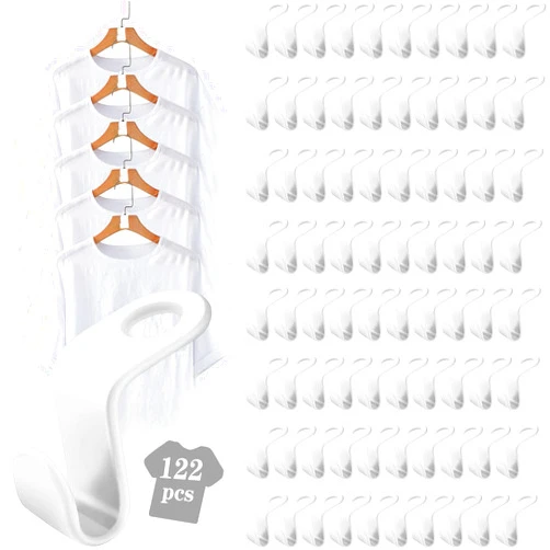 HOLLIHI 122 PCS Clothes Hanger Connector Hooks,Cascading Clothes Hangers for Clothes Cabinet Closet Organizer Space Savers Outfit Hangers(White)
