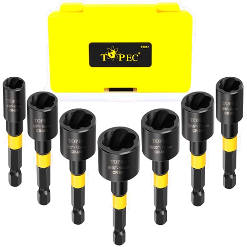 Topec Bolt Extractor Set, 7-Piece Easy Out Screw Extractor Set with Hex Shank, for Removing Broken Screws, Bolts, Nuts and Studs, Quick-Release Stripped Bolt Remover