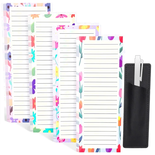 Thboxes 4 Pack Magnetic Note Pad for Fridge with Pen Holder, Totally 200 Sheets Grocery List Magnet Pad for Refrigerator Magnetic Shopping List Pad（Floral Design）