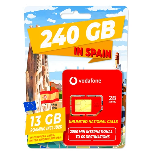 Tour Tech Vodafone M Prepaid SIM Card 240 GB in Spain and 10 GB in The Rest of Europe, UK, Turkey | 800 Minutes to The US, Canada and to 66 Other Countries | Activation only at www.tourtech .Shop