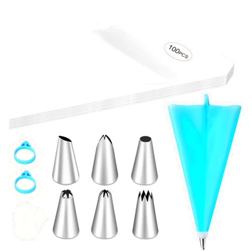 Aiyhsj 110Pcs Piping Bags and Tips Set, Cake Decorating Kit with 100 Disposable Pastry bags, 1 Reusable Silicone Piping Bag, 6 Stainless Steel Piping Tips, 1 Coupler, 2 Frosting Bags Ties