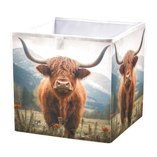 Nesatuwa Highland Cows Cube Storage Box,Large Collapsible Organizer Storage Basket,Toy Storage Box for Clothes Toys Home Decor 11x11x11 In