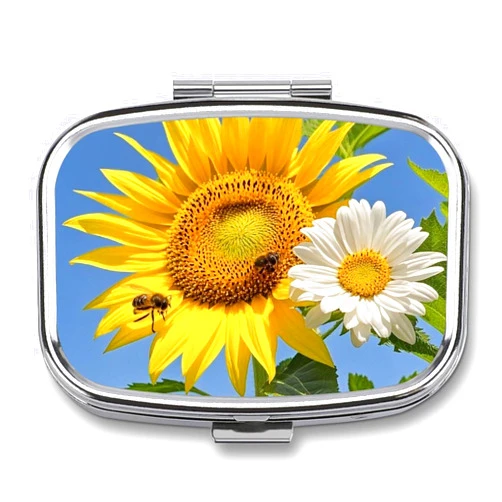 EKYOSHCZ Square Pill Box Bees Sunflowers Daisy Rose Flowers Pill Case 2 Compartment Medicine Pill Organizer for Purse & Pocket Portable Travel Pillbox Medicine Vitamin Cod Liver Oil Storage Box Organizer