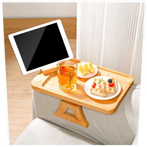 Lexda Couch Arm Tray, Sofa Table 15” x 10” Large Bamboo Foldable Couch Arm Table Sofa Armrest Tray with 360°Rotating Phone Holder for Eating, Drinks, Snacks