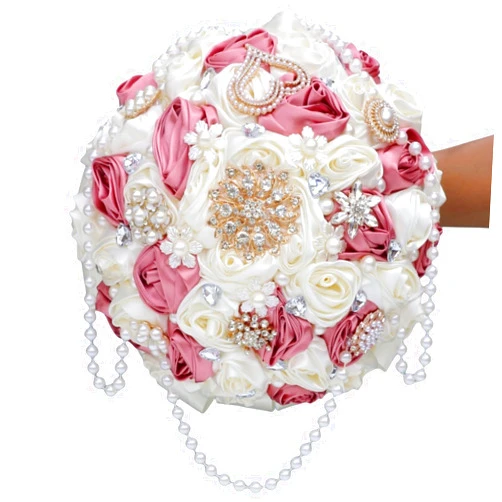 Gkvszy Dusty Pink Rose and Ivory Wedding Bouquet with Rhinestone Brooch Pearl String Satin Flower Cascade Bridal Bouquet for Bride Bridesmaid Quinceanera Wedding 8.7in