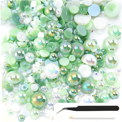 Dropower Flatback Resin Rhinestones and Pearls 50g Mix Half Round Pearls and Jelly Rhinestone for Crafts 3mm-10mm Flatback Beads for DIY Shoes Nails Bottles with Tweezer and Wax Pen Green White