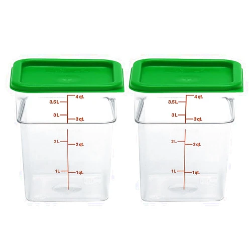 Cambro Food Storage Container with Lid (2 Pack) - Classic Series Square with Green Lid - 4 QT (Quart) - Commercial Grade for Food Prep (Clear)